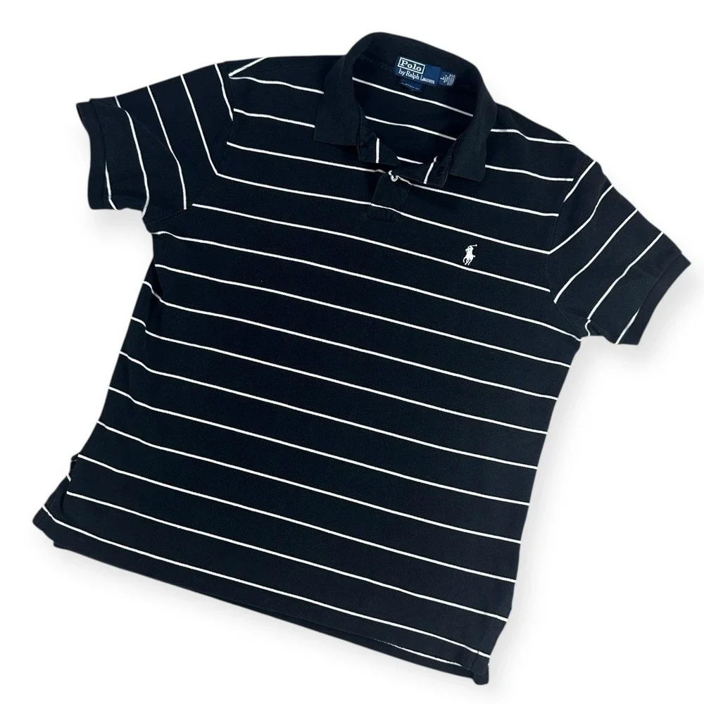 Polo‎ Ralph Lauren Mens Custom Fit Striped Polo Shirt Black White Large Cotton